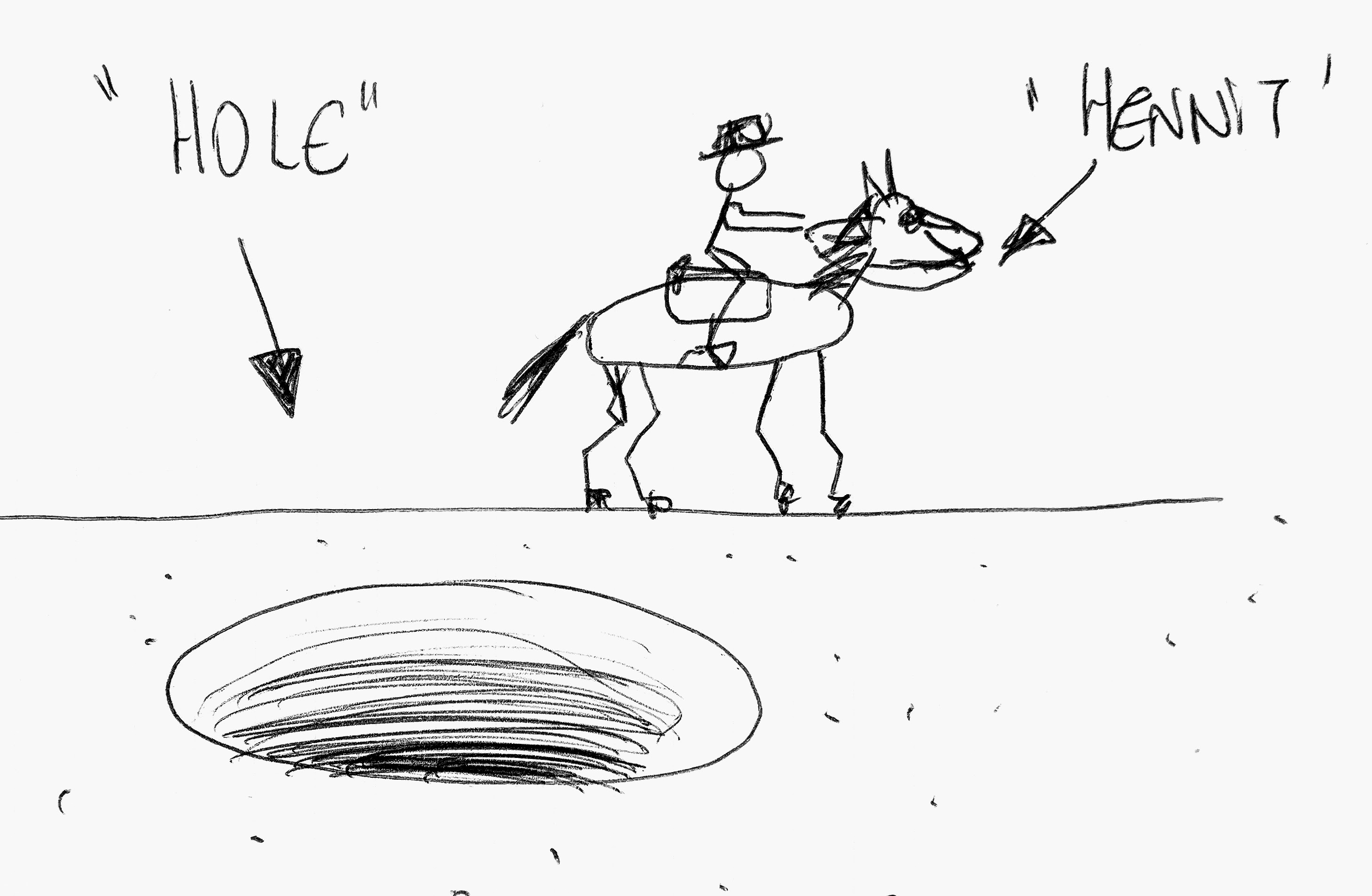 Hole and Henni – François Charlier, 2018In this drawing, the artist represents the deepness of functional programming and how its horse power can help you escape many dark situations.