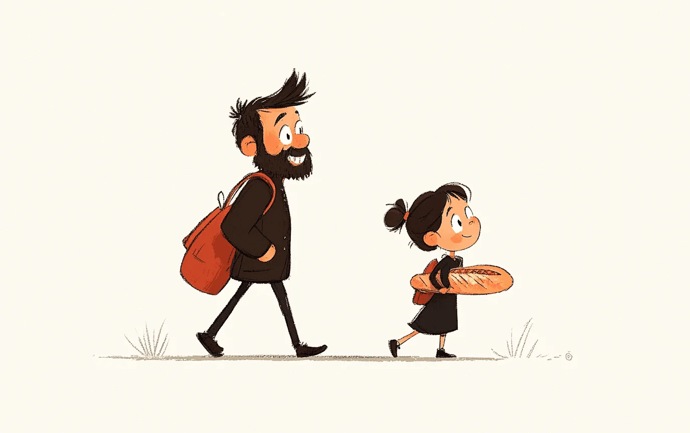 Illustration of a parent and child walking home discussing art class