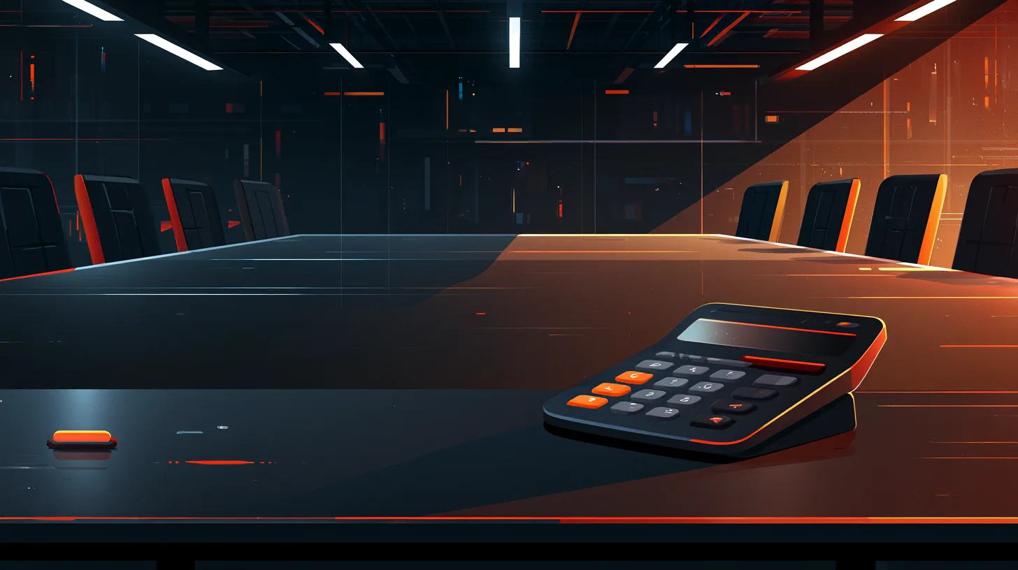 A single calculator sitting alone on a long empty boardroom table in a dark office