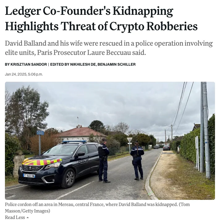 Screenshot of article about armed gang attacking crypto entrepreneurs in Paris