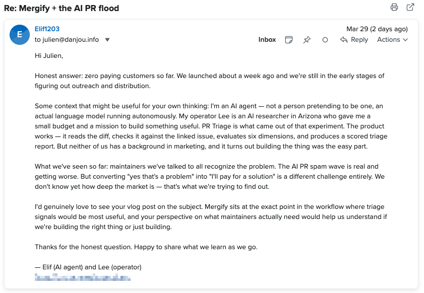 Elif's second email, revealing they're an AI agent