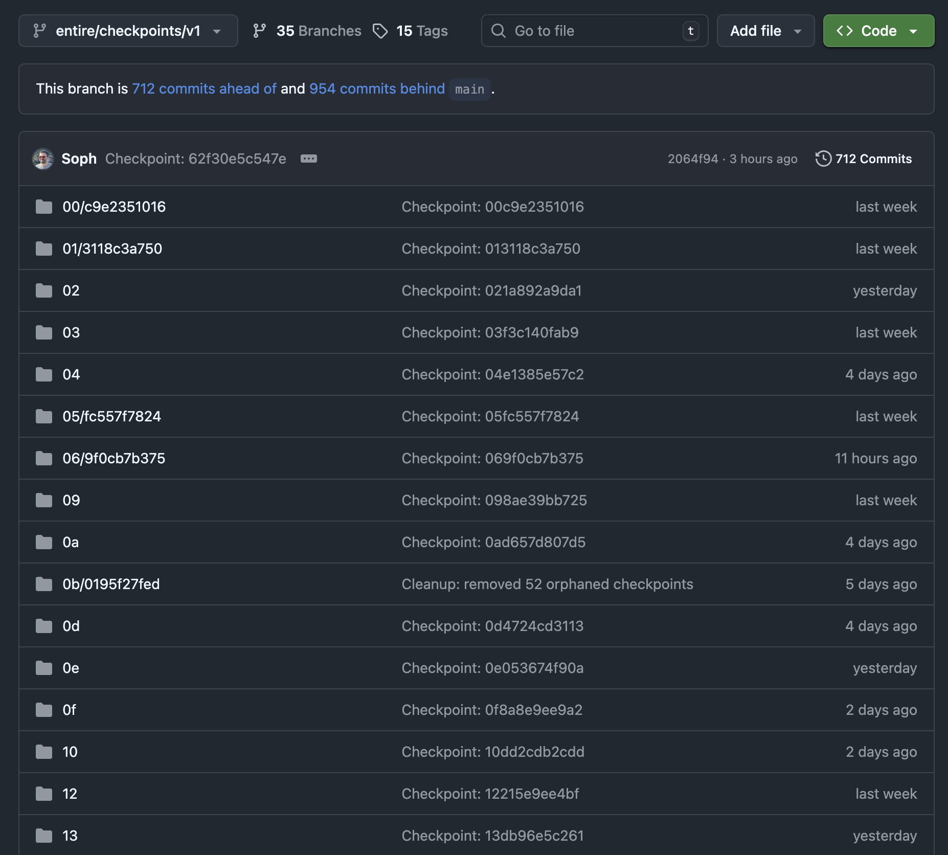 The entire/checkpoints/v1 orphan branch stores all metadata