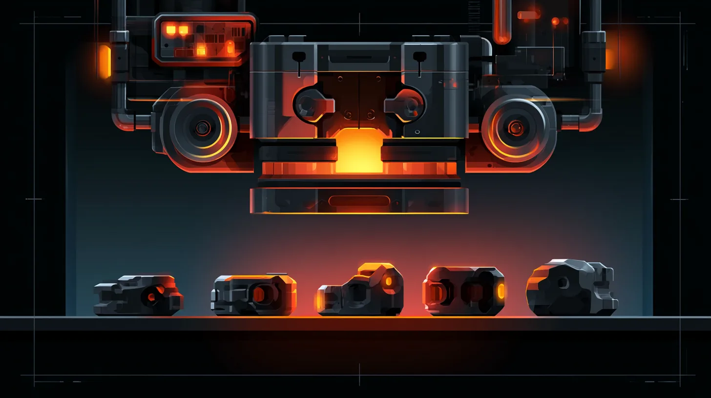 A single industrial casting mold glowing at the top of the frame, with five castings pulled from it resting on a shelf below, each one a different shape.