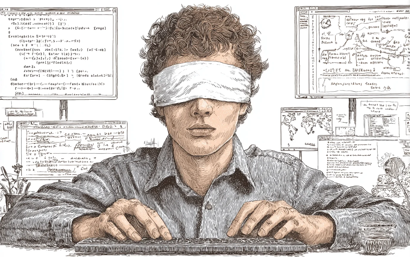 Illustration of coding with AI assistance, like coding blindfolded