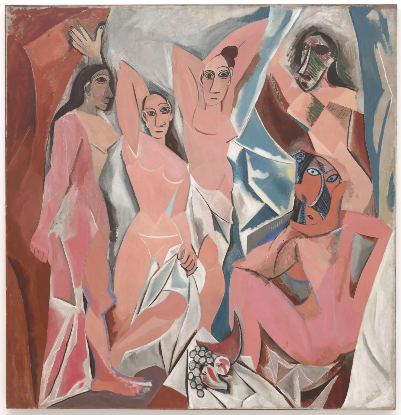 Les Demoiselles d'Avignon by Pablo Picasso, five angular female figures in pink and blue