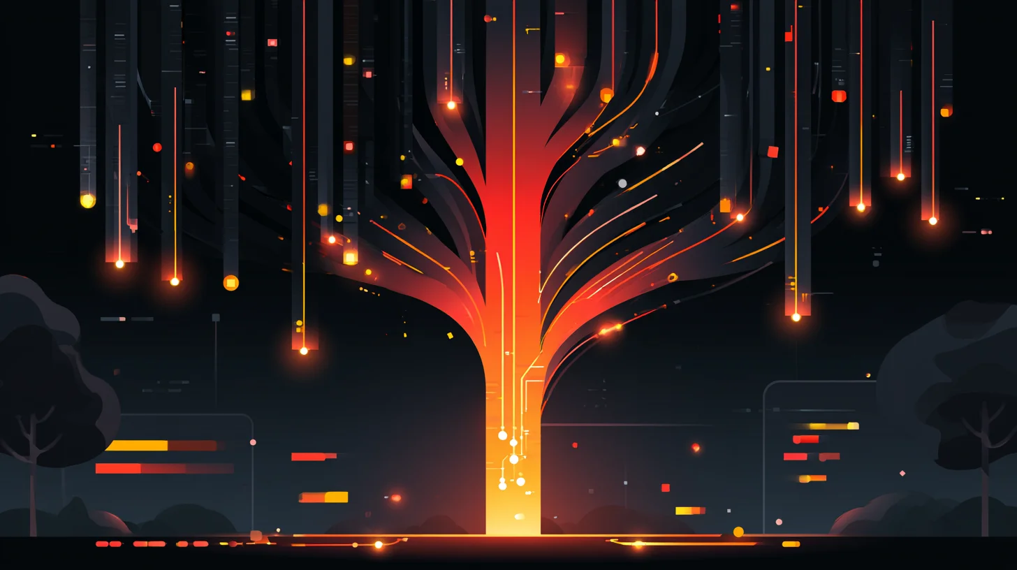 Thousands of glowing parallel git branches racing down a dark background and converging into a single bright trunk, the contention of many changes funneling onto one main branch.