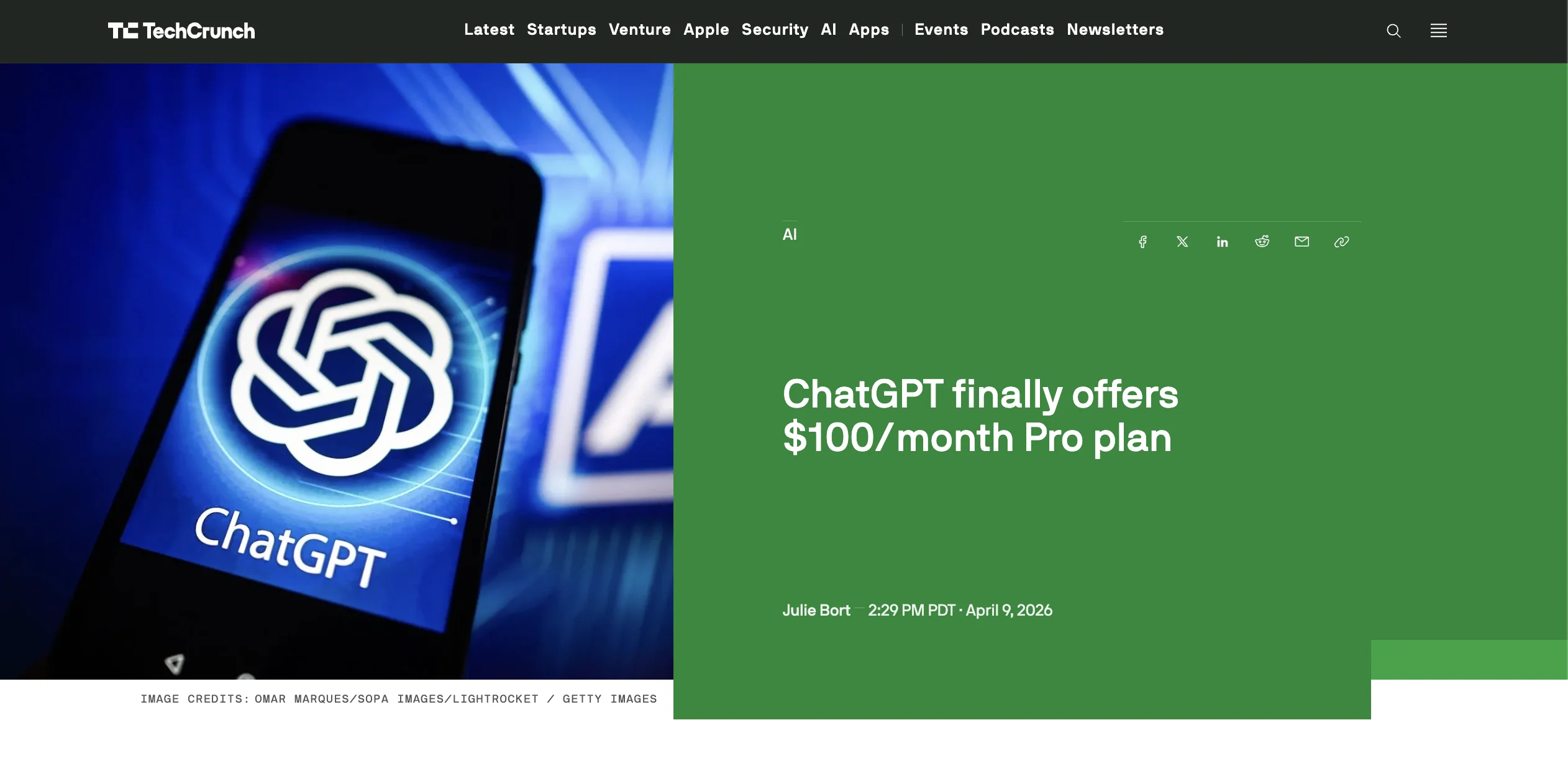 TechCrunch headline announcing the new $100/month ChatGPT Pro plan with expanded Codex access, April 2026.