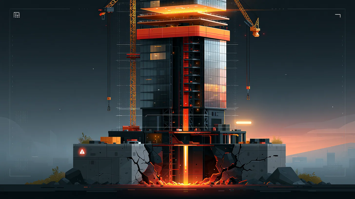 A tall tower with pristine new floors being added at the top while its concrete foundation cracks and settles