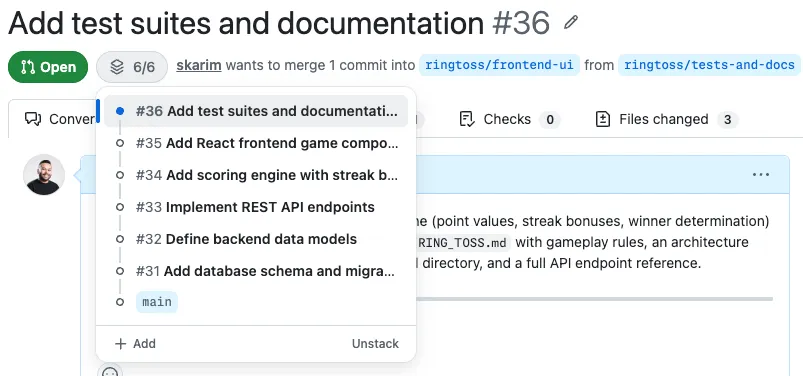 GitHub's stack navigator UI: a vertical sidebar listing the PRs in a stack with their statuses, attached to a pull request page.