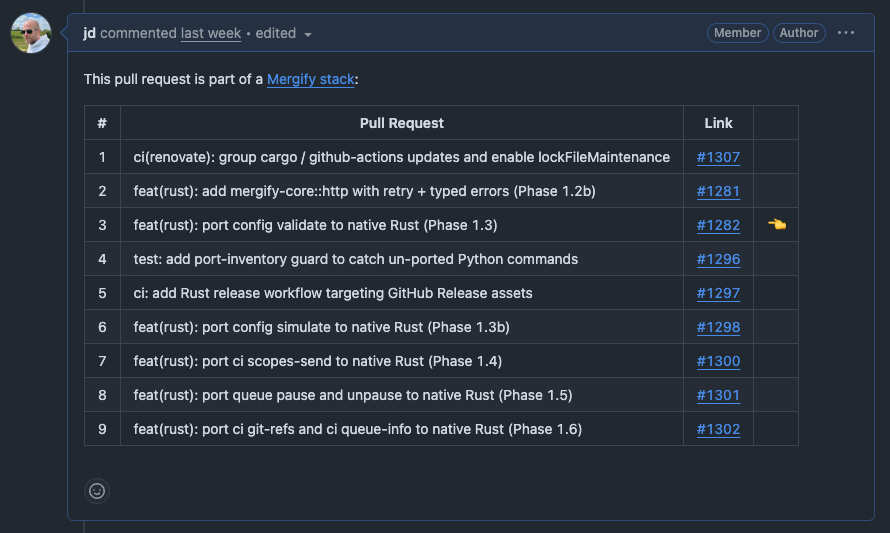 A Mergify Stack comment in a GitHub pull request, showing a 9-row table where each row is a chained PR in the stack, with PR numbers and titles for a Rust port project.