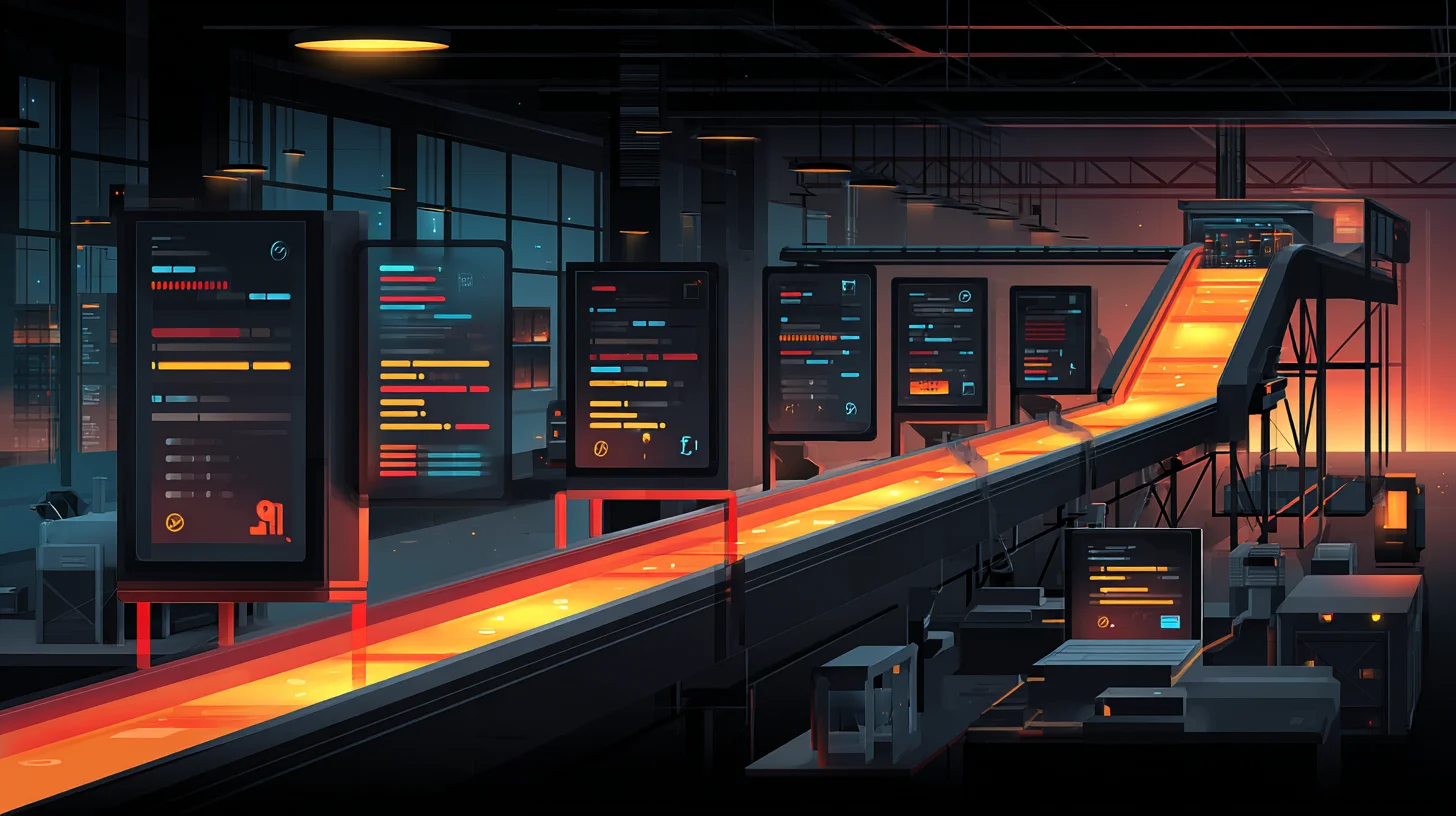 Illustration of a CI pipeline overwhelmed by AI-generated pull requests